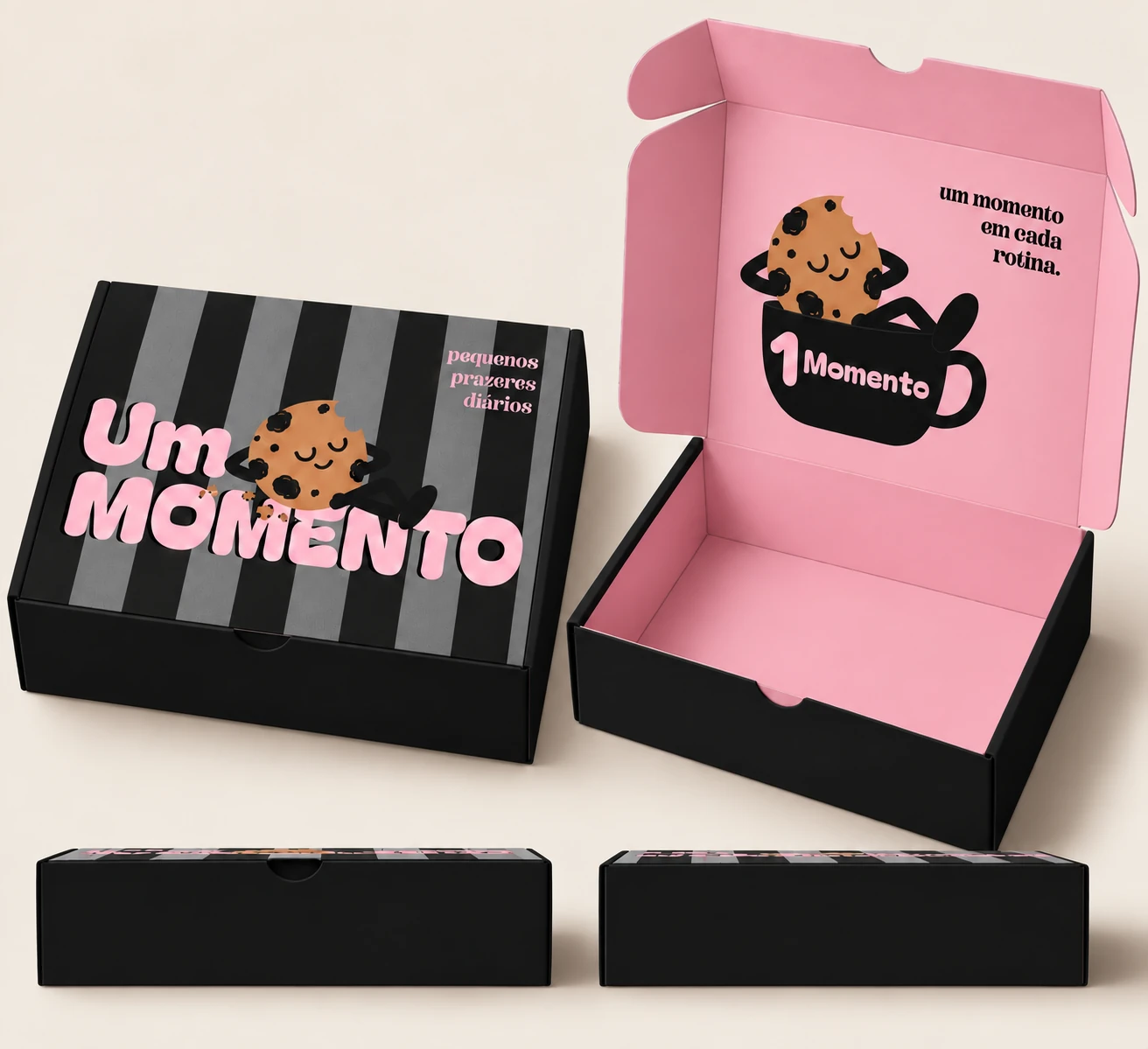 Mockup oficial da caixa Um Momento, rosa por dentro e listrada por fora